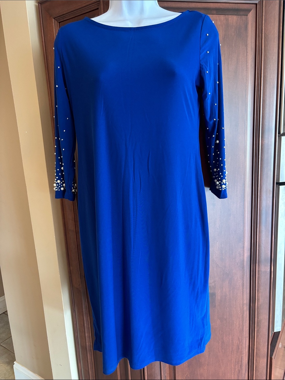 Royal Blue Midi Dress with Pearl-Embellished Sleeves